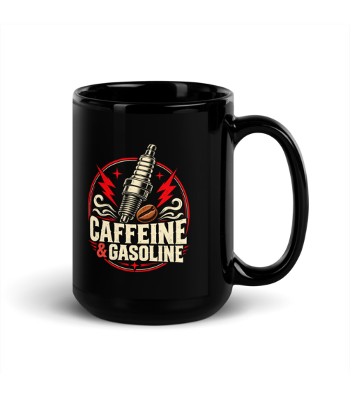 Black 15 oz mug with a spark plug, coffee bean, red lightning bolts and Caffeine & Gasoline lettering.