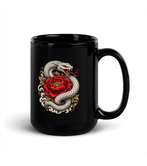 Black 15 oz mug with an ivory serpent coiled around a red peony, curling clouds and gold-toned leaves.